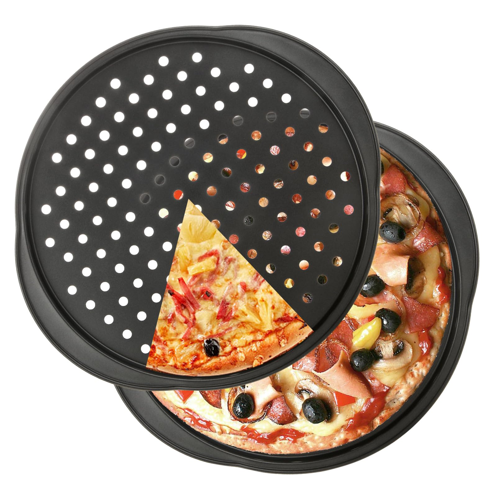 JMIATRY 2 Pack 14 inch Pizza Trays for Oven Non Stick, Non-Stick Pizza Pan with Handles, Carbon Steel Pizza Oven Trays, Black