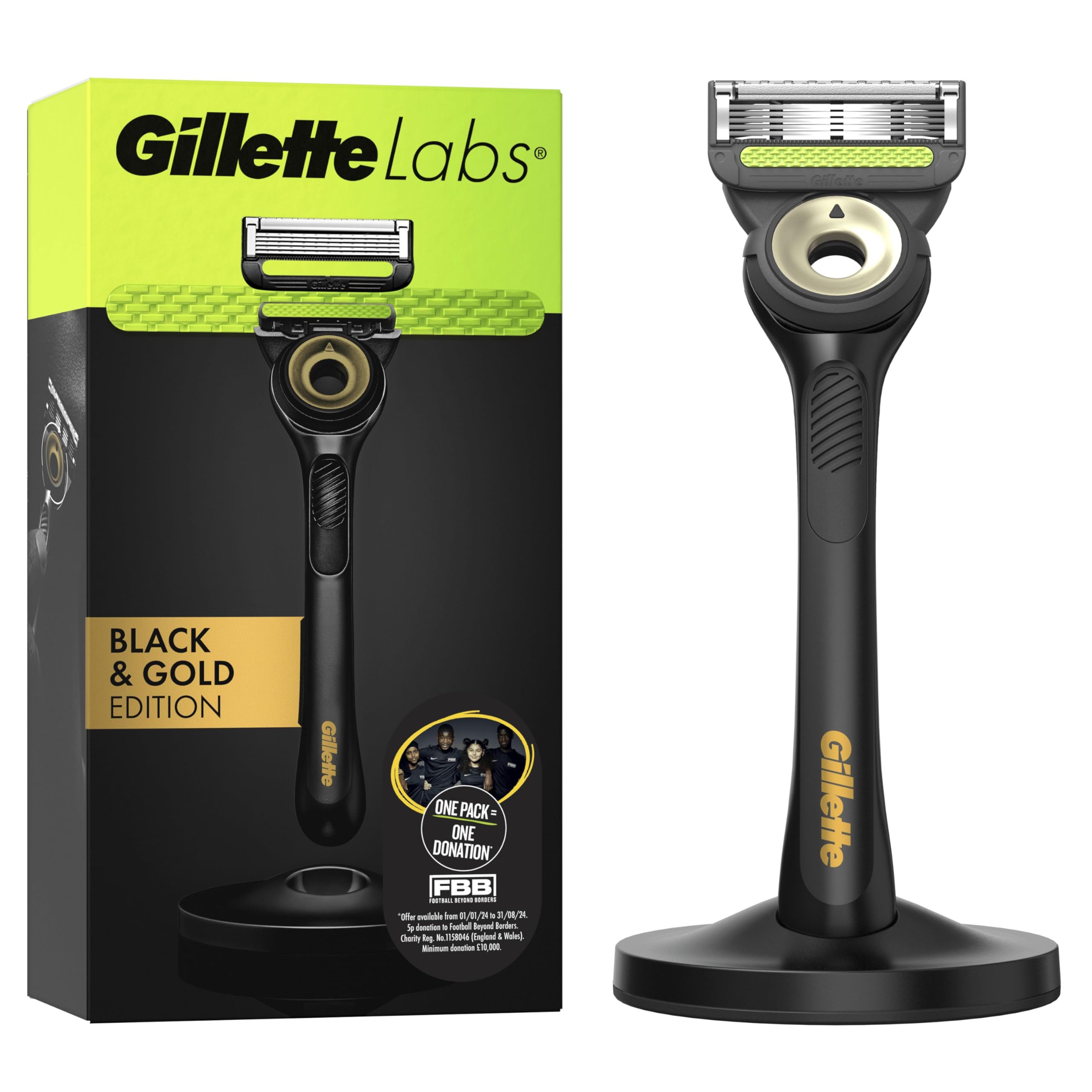 Gillette Labs Men's Razor + 1 Razor Blade Refill, with Exfoliating Bar, Includes Premium Magnetic Stand, Black & Gold Edition