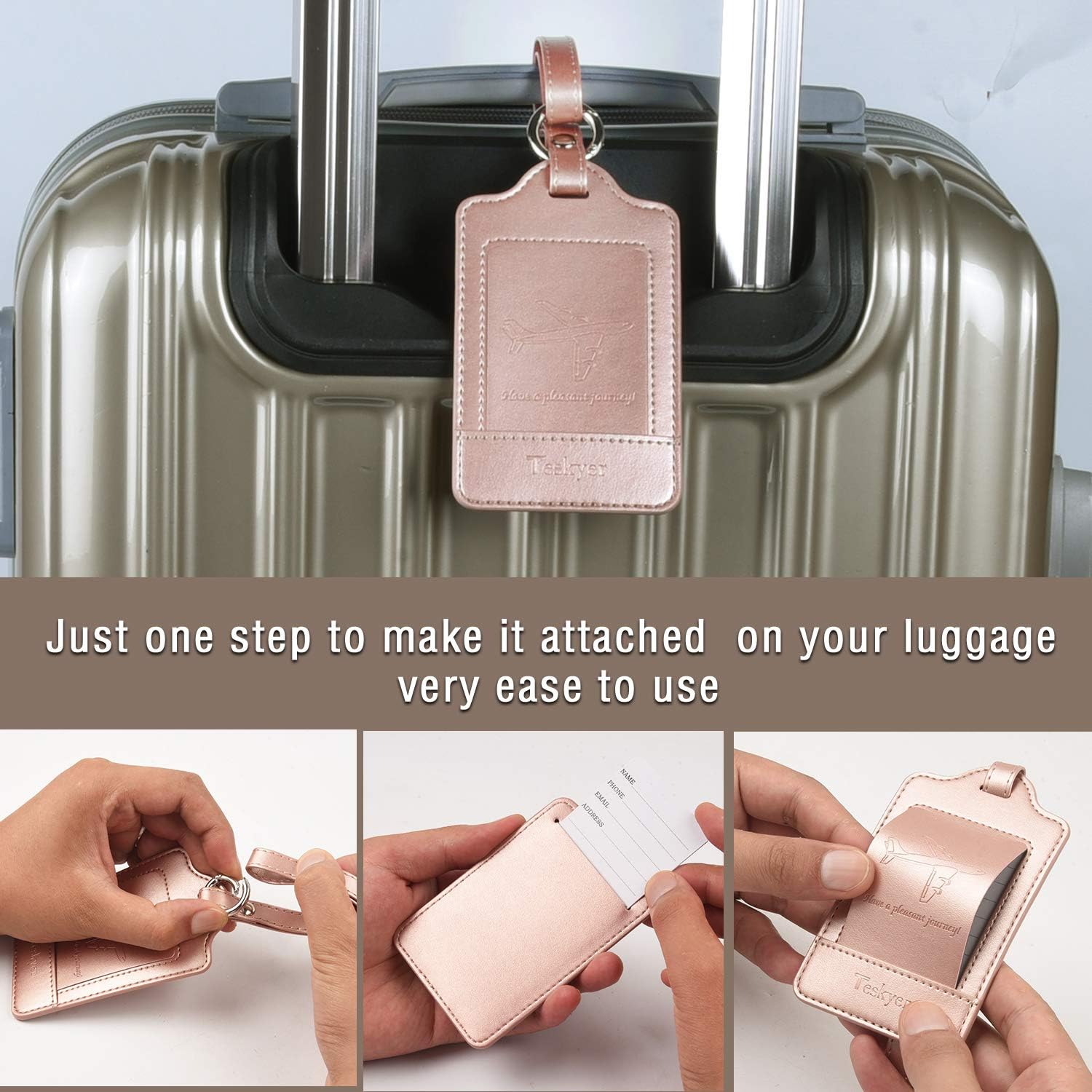  | Luggage Tags, 3 Pack Teskyer Premium PU Leahter Luggage Tags Privacy Protection Travel Bag Labels Suitcase Tags-Rose gold | Luggage Tags