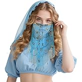 eboozone Princess Costume Accessories for Women, Blue Princess Belly Dancer Outfit Tribal Face Veil with Beads Sequins for Halloween Dress Up Accessories