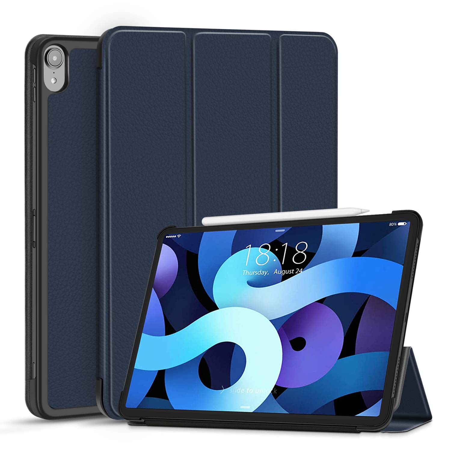TNP Cover Case for iPad Air 11 Inch M2 6th 2024, 5th 4th Generation(2022 2020) - 10.9" Dark Blue Case with Pencil Holder for 2nd Gen Apple Pencil - Protective Cover with Trifold Stand