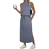 GRECERELLE Two Piece Skirt Sets for Women Sleeveless Mock Neck Top Split Maxi Skirt Vacation Travel Matching Set with Pockets