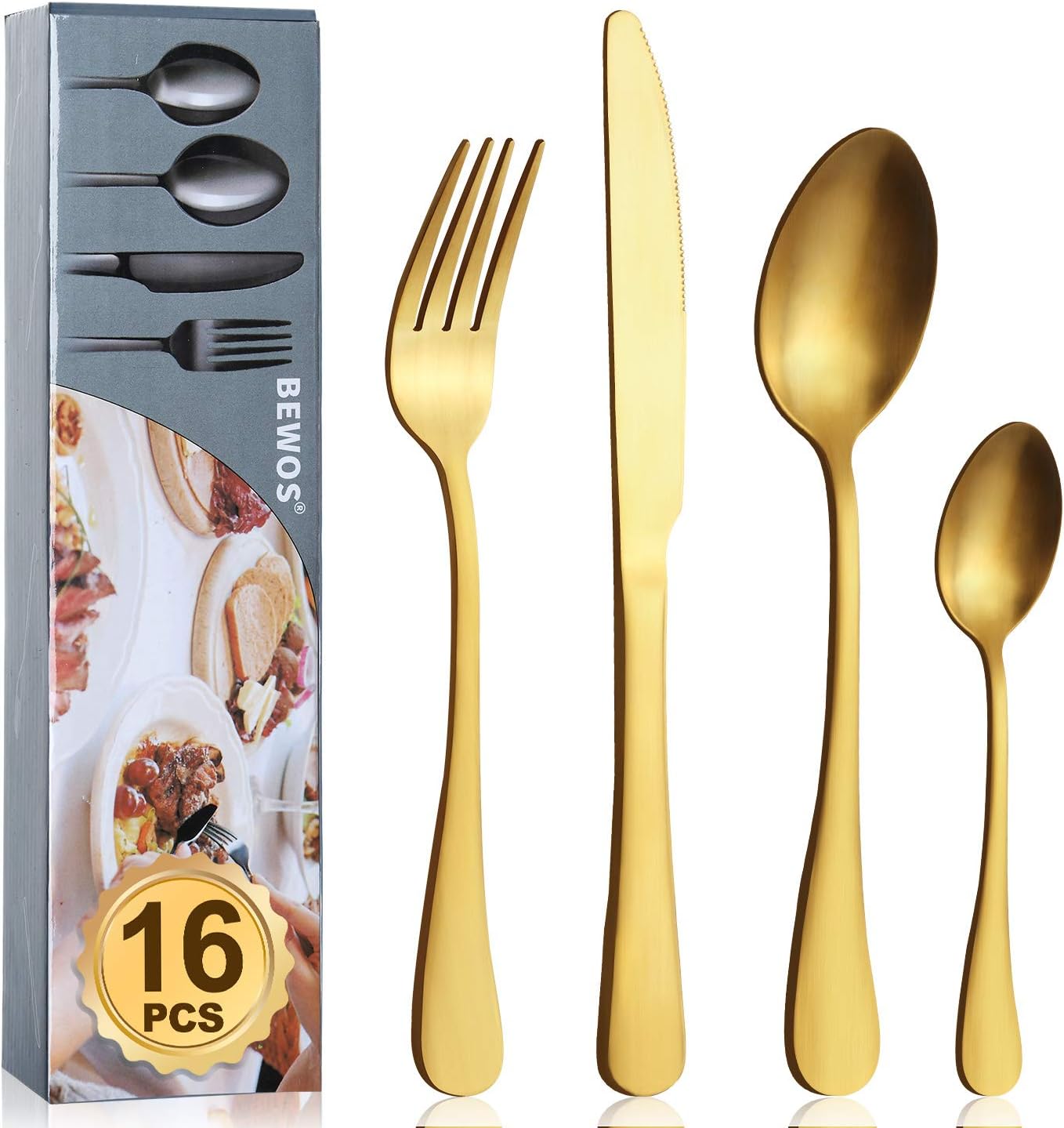 Cutlery Set, BEWOS 16-Piece Stainless Steel Matt Gold Flatware Set