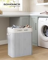 SONGMICS 100L Laundry Basket with Lid Bamboo Foldable 2 Compartments Grey view 2
