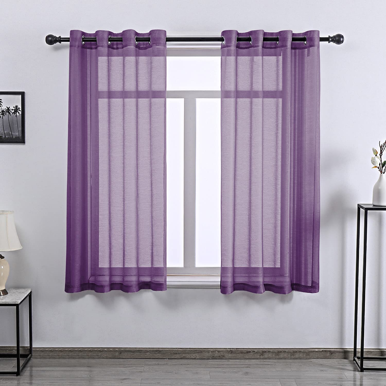 DONREN Semi Sheer Curtains Purple 63 Inch Length for Bedroom - Set of 2 Panels Window Textured Sheer Curtain Panels for Living Room W 52 x L 63 Inches Long Royal Purple