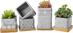 T4U 3.5 Inch Cement Succulent Planter Pot with Bamboo Saucer, Concrete Planter Cactus Plant Herb Container for Gardening Home and Office Decoration Birthday Wedding Gift, Set of 6