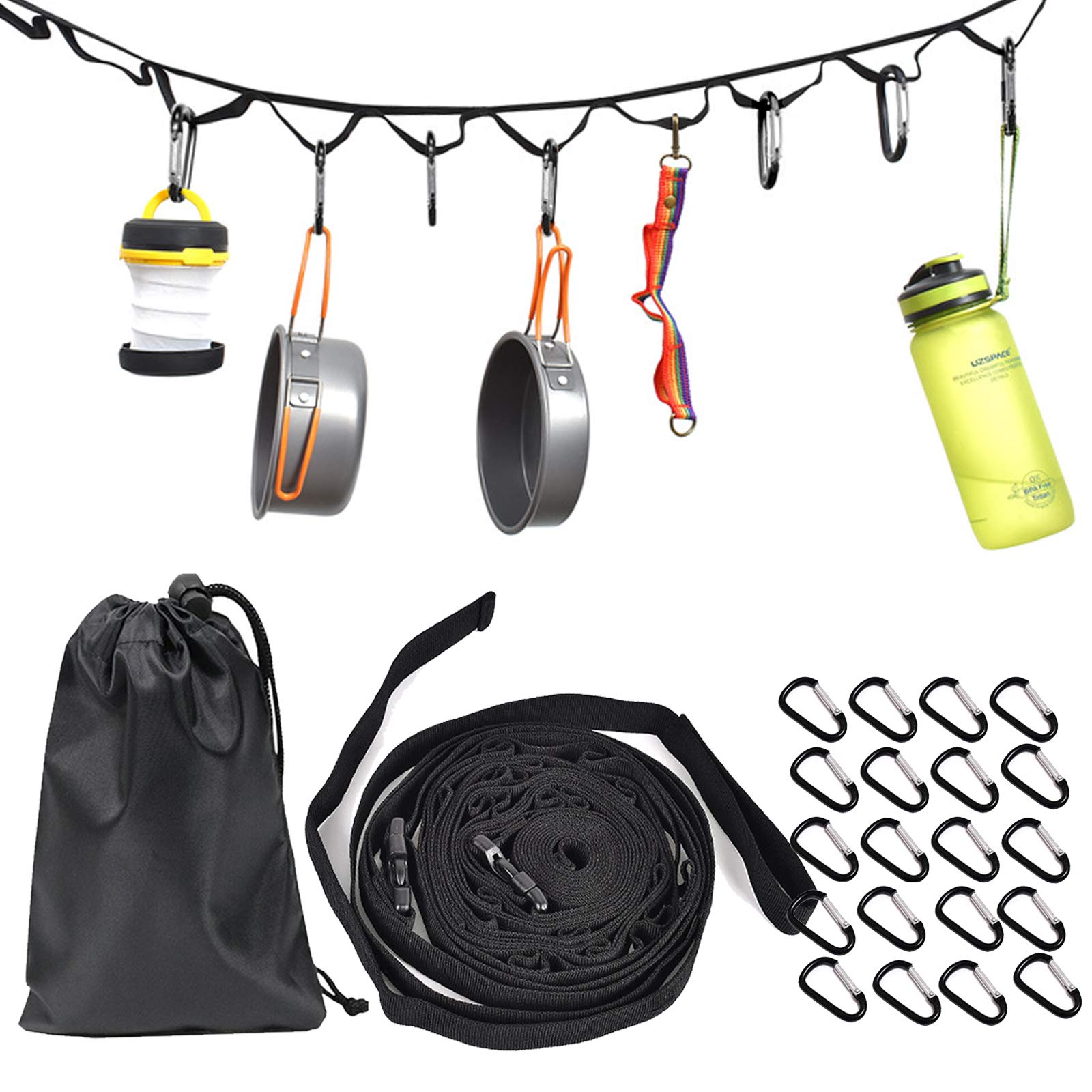 DY.2ten 4.5M Outdoor Camping Rope Strap with 19 Keychain Carabiners,Portable Camping Hanging Rope with Hooks for Camping, Hiking, Outdoor Tent Accessories, Hang Your Camping Gear