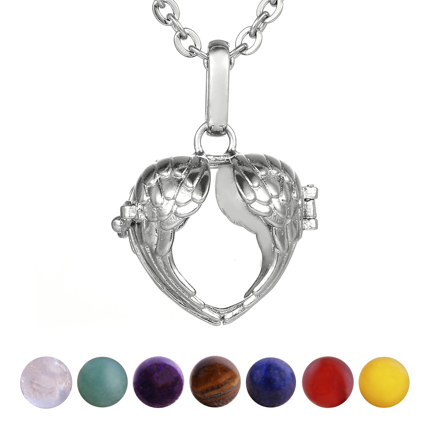 Morella Women Necklace 70 cm 27.5" Stainless Steel with Pendant Heart Angel's Wing and 7 Gemstones Chakra Balls in Jewellery Bag