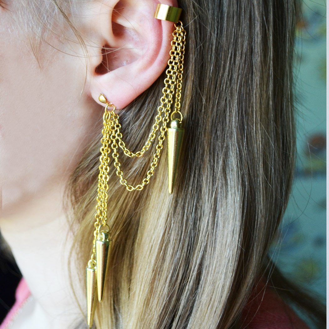 Asymmetric Pair Of Ear Cuffs Chain Earrings Long Spike Drop