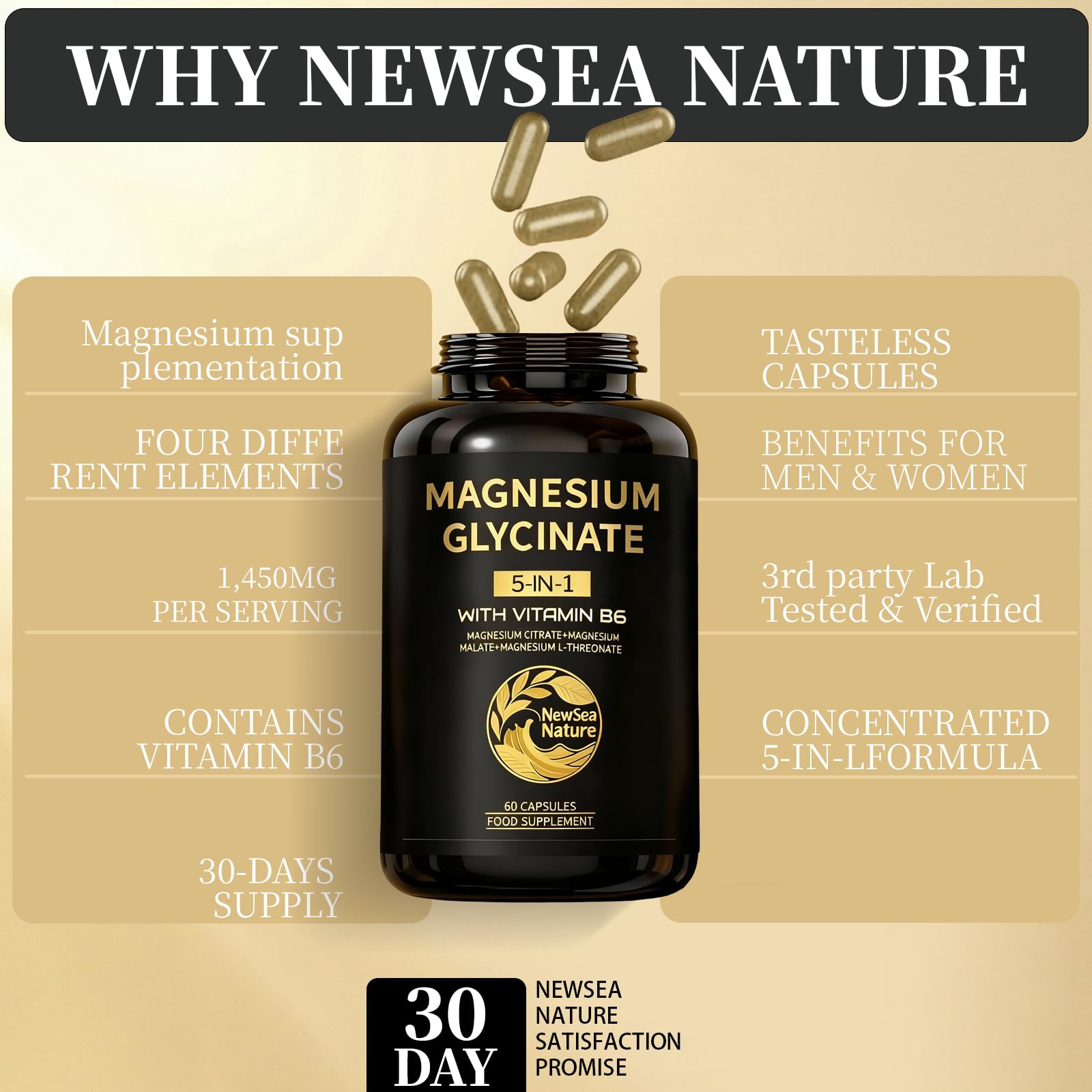 Magnesium Glycinate Supplements 800mg Glycinate,300mg Citrate,200mg Malate,150mg Gluconate Magnesium Complex | 282mg Elemental Mg | with Vitamin B6 | High Absorption | 60 Vegan Tablets | Gluten-Free