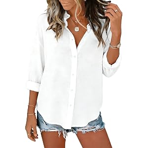 JEKAOYI Womens Button Down Shirts Cotton Linen Long Sleeve Casual Tops | Dressy Lightweight Oversized Loose Fit Collared Roll