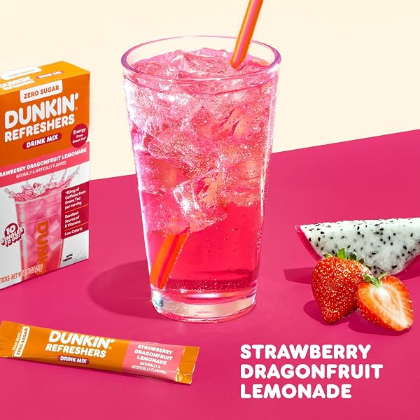 DUNKIN’ ZERO SUGAR REFRESHERS SINGLES TO GO! POWDERED DRINK MIX PACKETS, STRAWBERRY DRAGONFRUIT LEMONADE, 10 PACKETS PER BOX , ENERGY FROM GREEN TEA, ASPARTAME-FREE, NO SYNTHETIC COLORS, NATURALLY AND ARTIFICIALLY FLAVORED, JUST ADD WATER