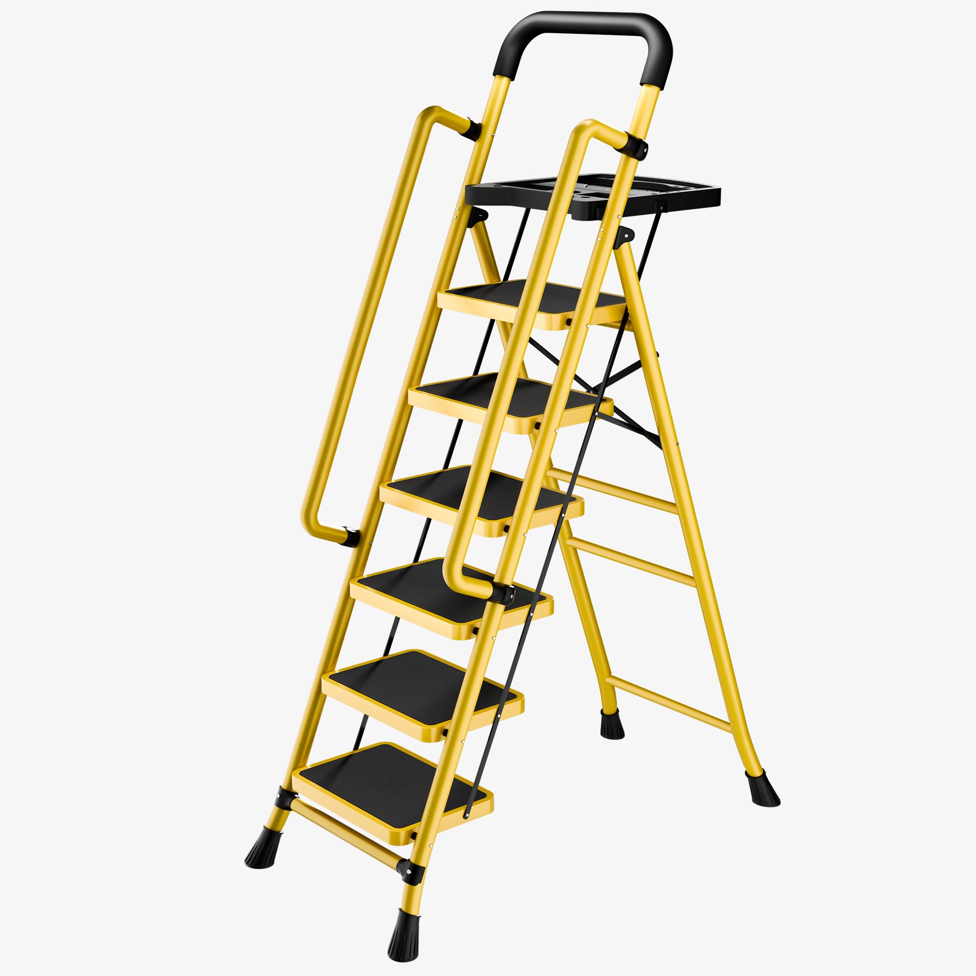 Photo 1 of Step Ladder with Platform,Folding Step Stool,Heavy Duty Step Ladders with Anti-Slip Widen Pedals,Handrail,Safe-Lock Design,Step Ladder for Adults (Yellow, 6 Step+Handrail)