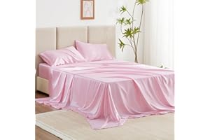 Love's cabin Satin Queen Sheets Set - 4 Piece Pink Silky Bed Sheets Set with Deep Pocket, Luxury Silk Feel Satin Queen Size Sheet Set (1 Flat Sheet,1 Fitted Sheet,2 Pillow Cases)