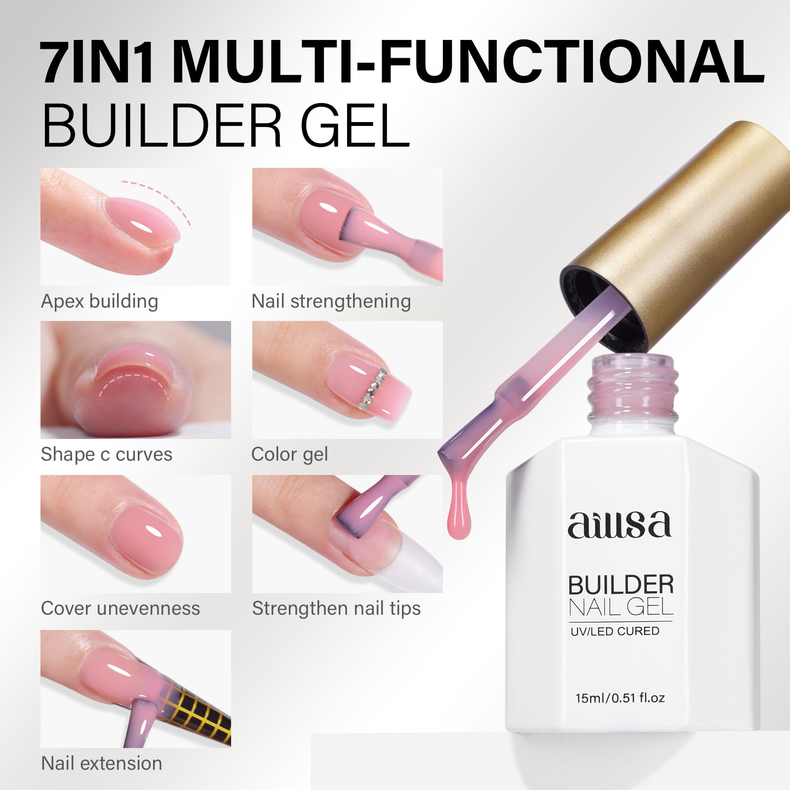 AILLSA Pink Builder Gel 7 In 1 Nude Hard Gel Polish for Nail Thickening Light Neutral Strengthener Gels Nail Polish Natural Color Sheer Extension U V for French Manicure Base Coat Needed 0.51 Oz - Image 4