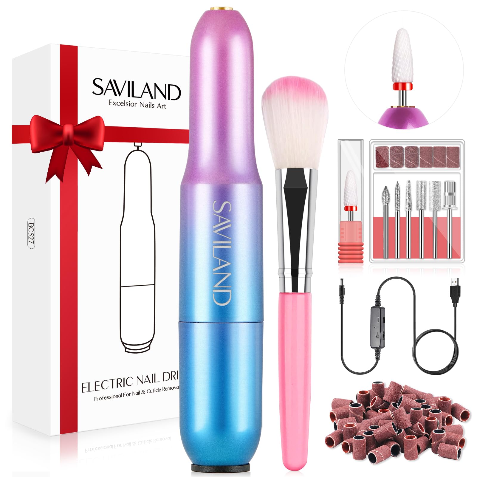 Saviland Electric Nail Files Professional: Portable Nail Drill Machine USB 20000 RPM 7 Nail Drill Bits 51 Sanding Bands for Acrylic Dip Powder Gel Polish Toenail Manicure Electric Cuticle Scissors