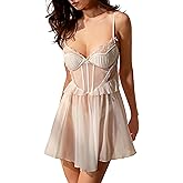 OSUGA Sexy Lingerie for Women Babydoll Date Night Outfit Dress with Underwire Mesh Lace Ruffle Hem Sleepwear