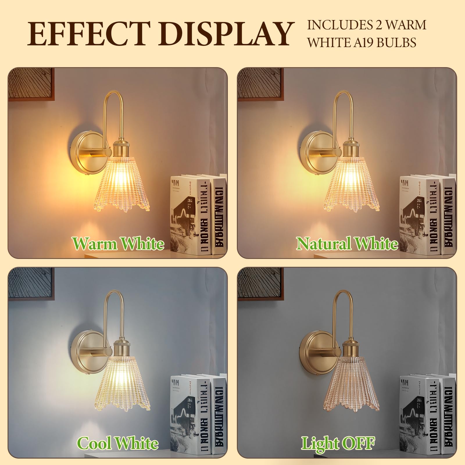 Condition photo showing New/Like New for vikdio wall sconce set of 2, gold vintage light fixtures with long amber glass lampshade, hardwired