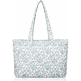 Sunnymove Women Blue Floral/Pink Bow Tote Bag Lightweight Puffy Tote Bag with Zipper Quilted Shoulder Handbag for Travel Work