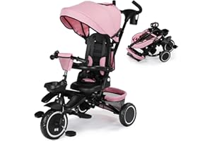 Kinder King Kids Tricycle, 8 in 1 Folding Toddler Trike w/Adjustable Push Handle, Rotatable Seat, Adjustable Canopy, Bell, Five-Point Harness, Storage, Toddler Stroller Bike for Age 6 Months+, Pink