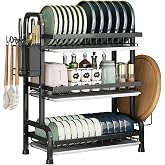 KUK 3 Tier Dish Drying Rack, Stainless Steel Over The Sink Dish with Drain Tray, Kitchen Dishes Drying Racks, Dish Racks for Kitchen Counter Storage (Black)