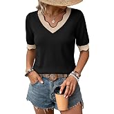 Dokotoo Women's Fall Tops V Neck Short Sleeve Sweaters 2026 | All Season Top,Scalloped Neck,Basic Shirts,Business Casual,Knitted Pullover,Color Blocked,Ligheweight,Loose Fit Fashion Tee