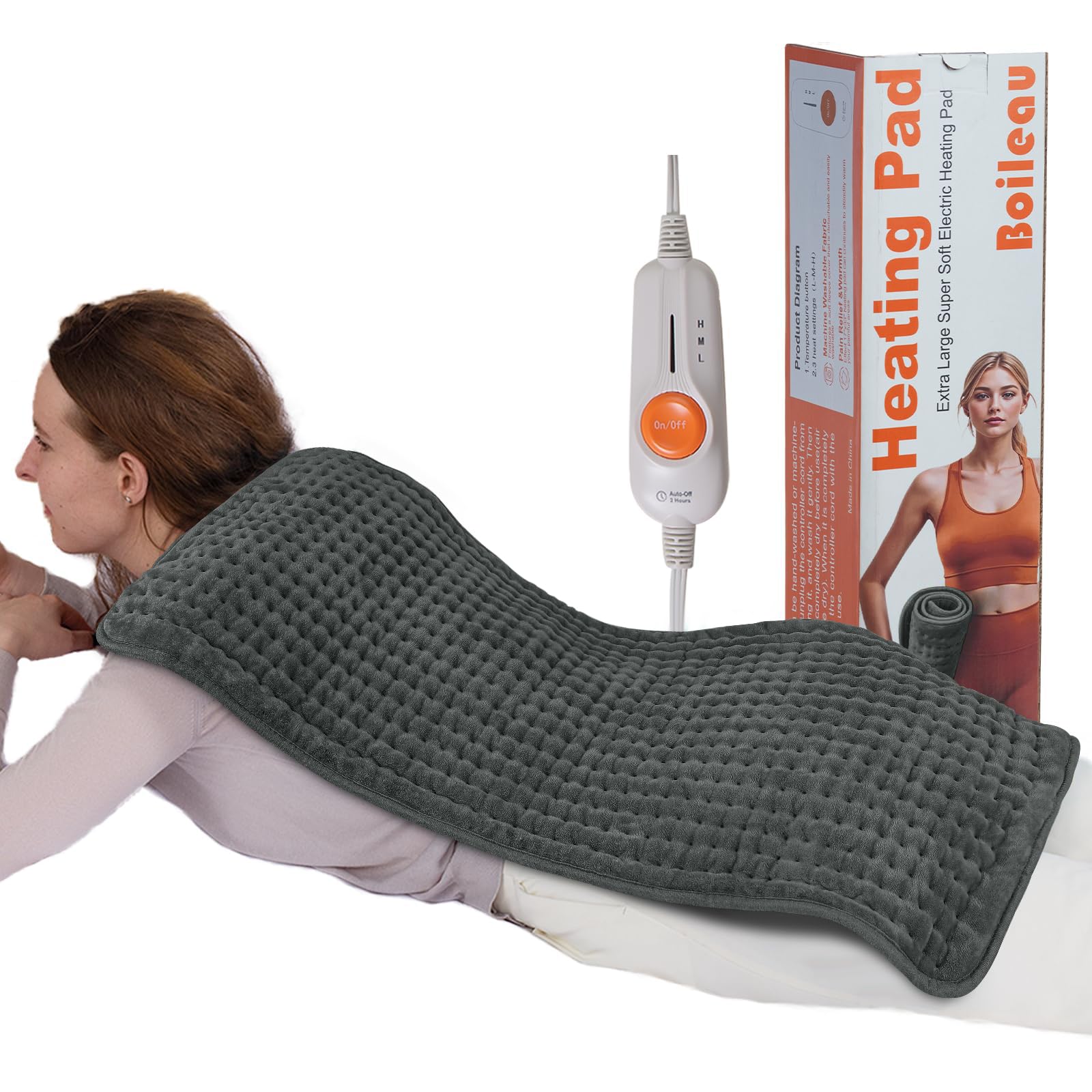 Photo 1 of Boileau Electric Heating Pad for Back Pain and Period Cramps Relief, 17"x33" Extra Large XXXL, 3 Heating Levels Heat Pad with 2-Hour Auto Shut Off, Gifts for Women and Mom, Grey