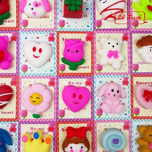 QINGQIU 24 PCS Valentines Day Cards with Mochi Squishy Toys