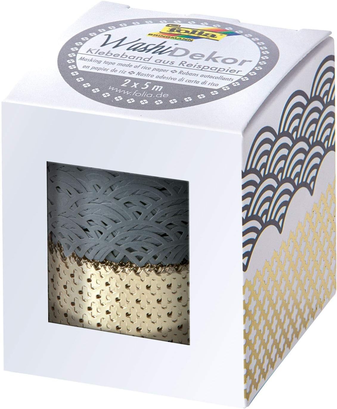 folia 29201 Washi Decor Lace Borders Made of Rice Paper, Set of 2, Grey/Gold, Each Approx. 25 mm x 5 m, Sticks to Numerous Surfaces, Removable Without Residue for Decorating and Decorating