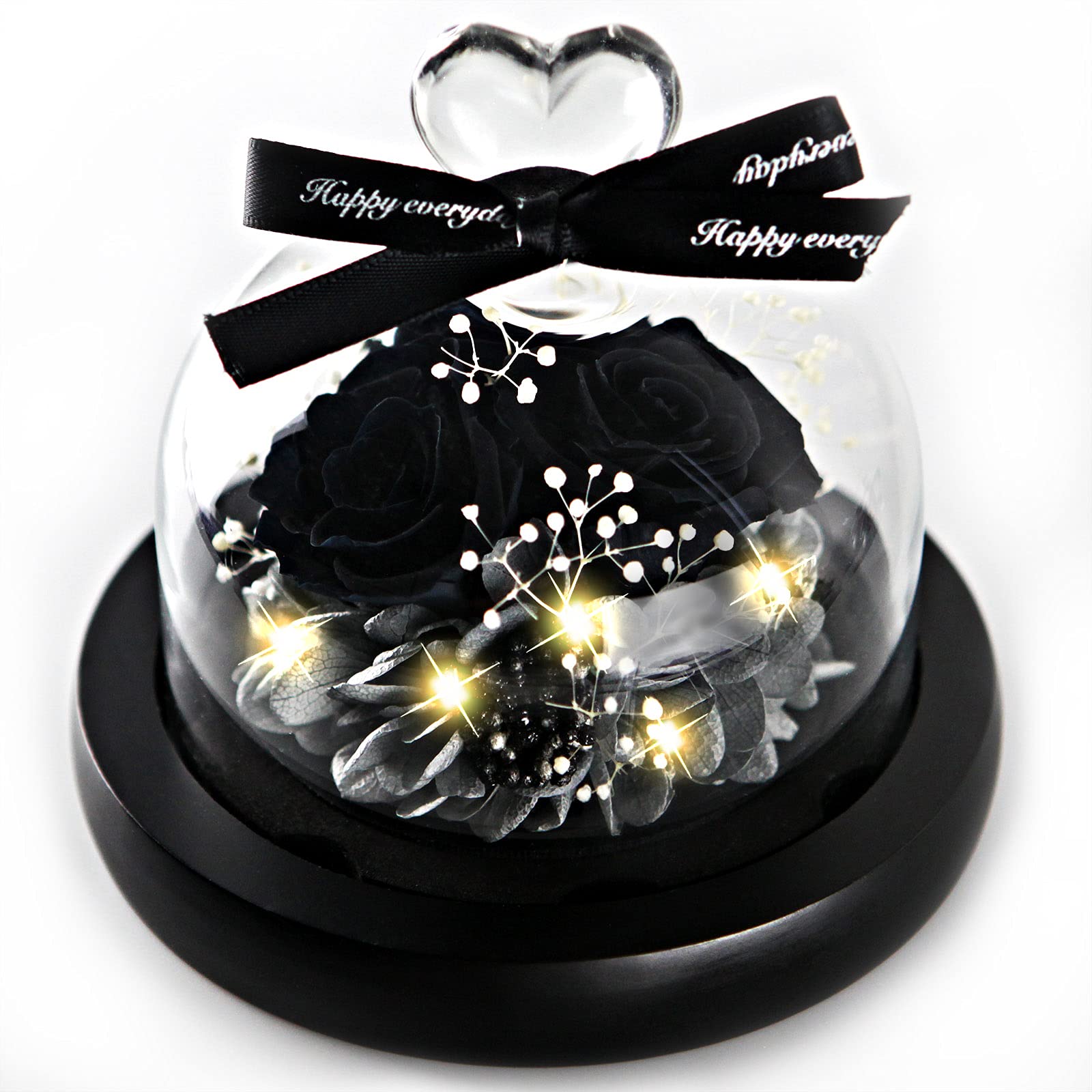Forever Flowers Real Eternal Roses - Kylin Glory Preserved Flowers Gift with LED Mood Lights for Valentine's Day Birthday Anniversary, Elegant Present for Girlfriend Wife Mom Women (Mono Black)