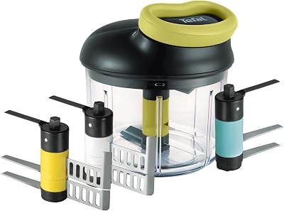 K13210 5-Sekunden-Zerkleinerer ohne Strom, 900ml; Universalzerkleinerer für Gemüse, Obst, Nüsse, Knoblauch, Babynahrung. Inklusive zusätzlichem Ice-Crusher-, Püree- und Rühreinsatz, schwarz/grün
