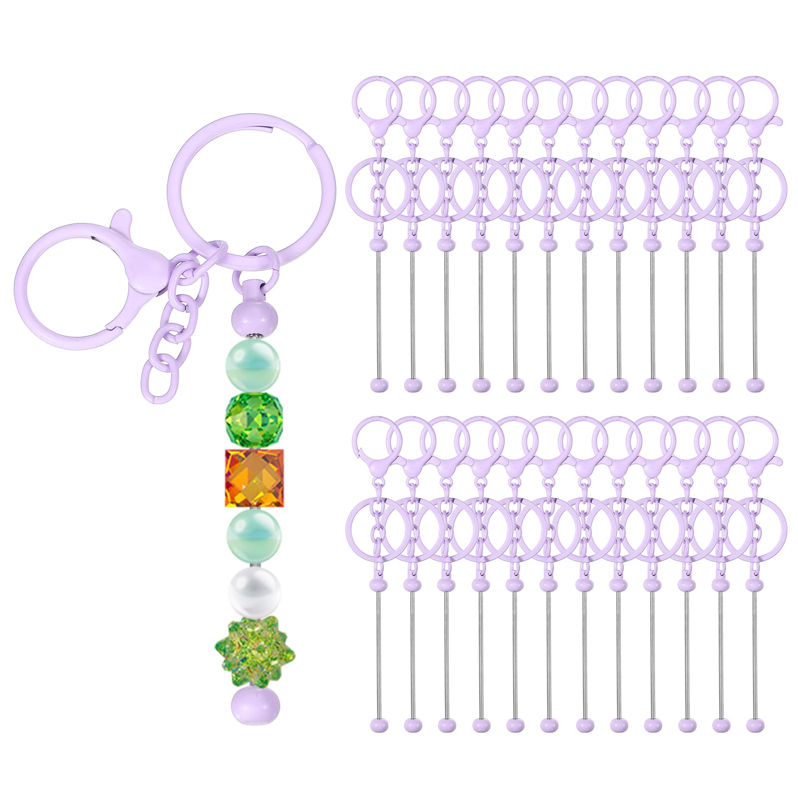 PATIKIL 24 Pcs Beadable Keychains Bars, Metal Beaded Keychain Blanks Bulk Making Supplies Kit with Lobster Hook for Pendant DIY Art Crafts, Macaroon Purple