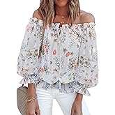 BLENCOT Summer Sexy Off Shoulder Tops for Women Boho Ruffle Sleeve Floral Chiffon Shirts Blouses