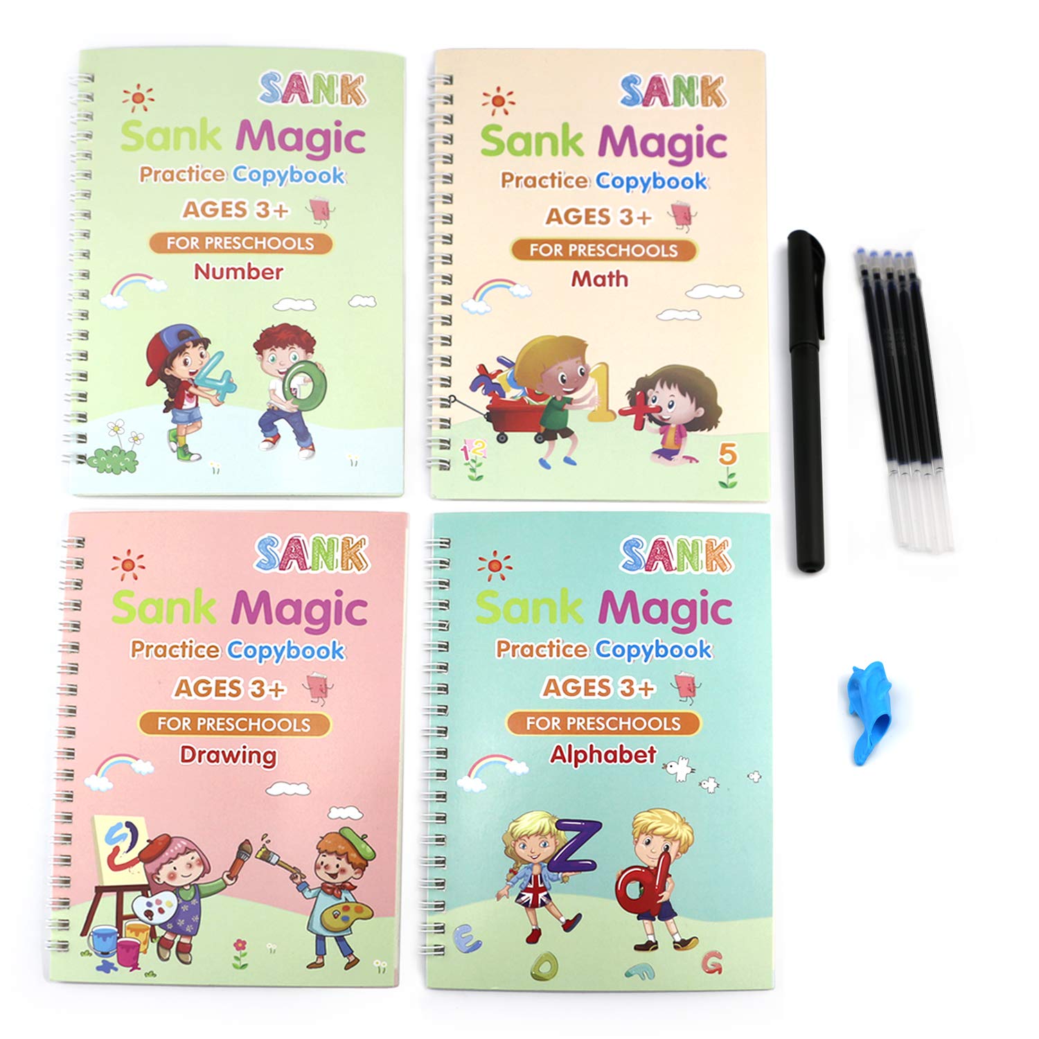 Kyduu 4 pcs Kids Magic Handwriting Practice Calligraphic Writing, Drawing Kids Magic Copybook Calligraphy Set, Reused Calligraphy Copybook, Reusable Writing Practice Book