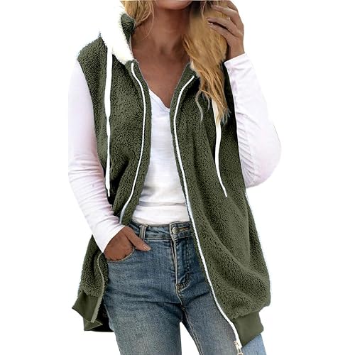 Women's Teddy Fleece Gilets Solid Waistcoat Sherpa Fluffy Vest Body Warmer Lightweight Cozy Coat Ladies Winter Warm Colour Blocks Jacket Fuzzy Sleeveless Outwear Running Army Green 3XL