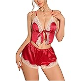 OYOANGLE Women's Satin Lingerie Pajama Set Lace Trim Tie Front Crop Cami Top and Shorts Sleepwear