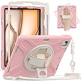 Batianda Case for iPad Air 13 inch 2025 2024 M3/M2 Chip Heavy Duty Rugged Durability Silicone Tablet Cover with 360° Rotating Hand Strap Foldable Hidden Stand & Shoulder Strap, Pink
