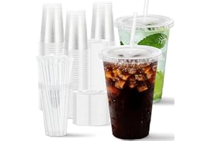 Huifany 100 Pack 16 oz Disposable Plastic Cups with Lids and Straws, Clear Party Coffee Cups for Cold Beverages, Smoothies, Iced Coffee, and Leak-Proof, BPA-Free