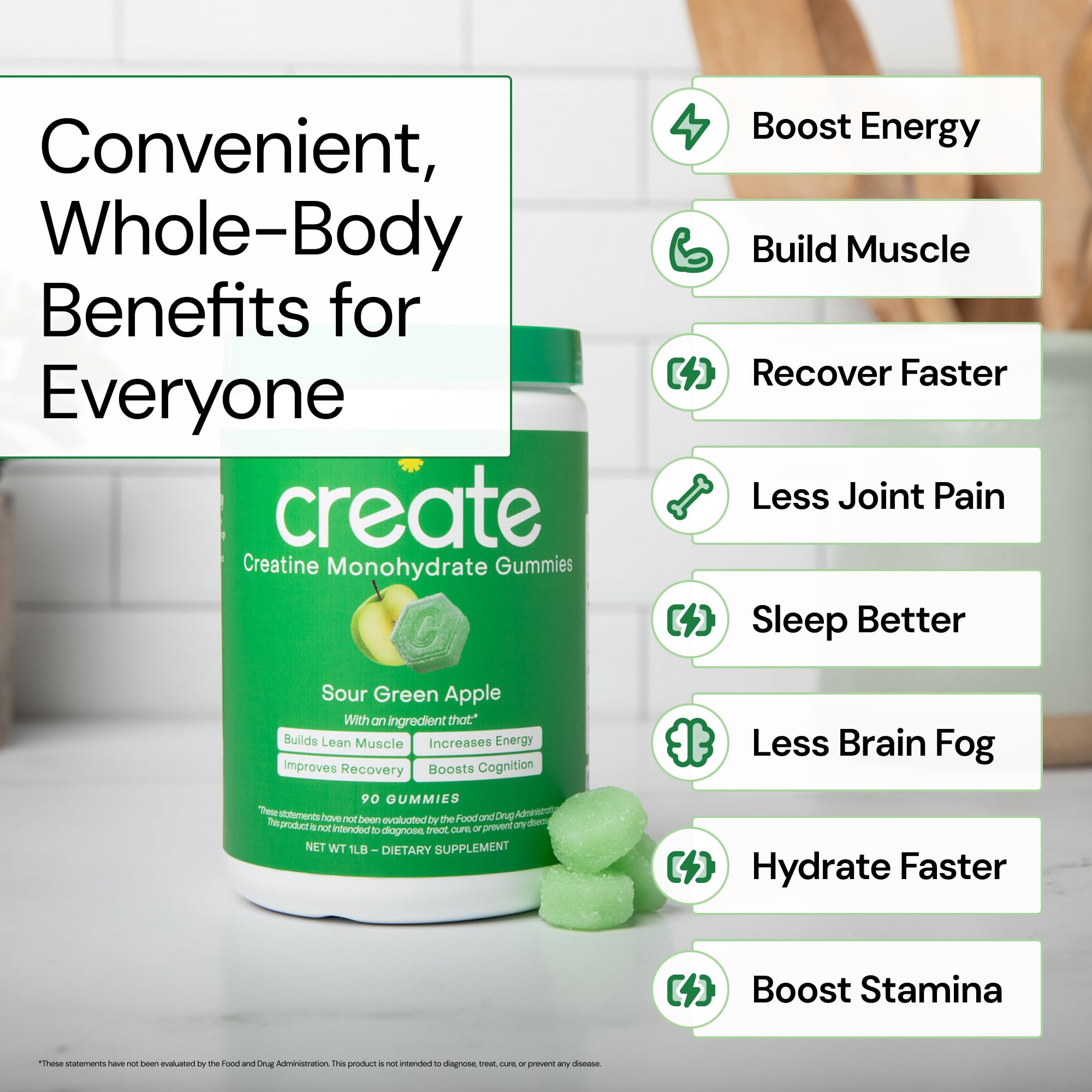 Creatine Monohydrate Gummies for Men & Women - Boost Focus, Strength, and Endurance, Anti-Melting Formula, Vegan, Gluten-Free, Non-GMO, 1.5 Gram Creatine per Gummy (Sour Green Apple, 90 ct)
