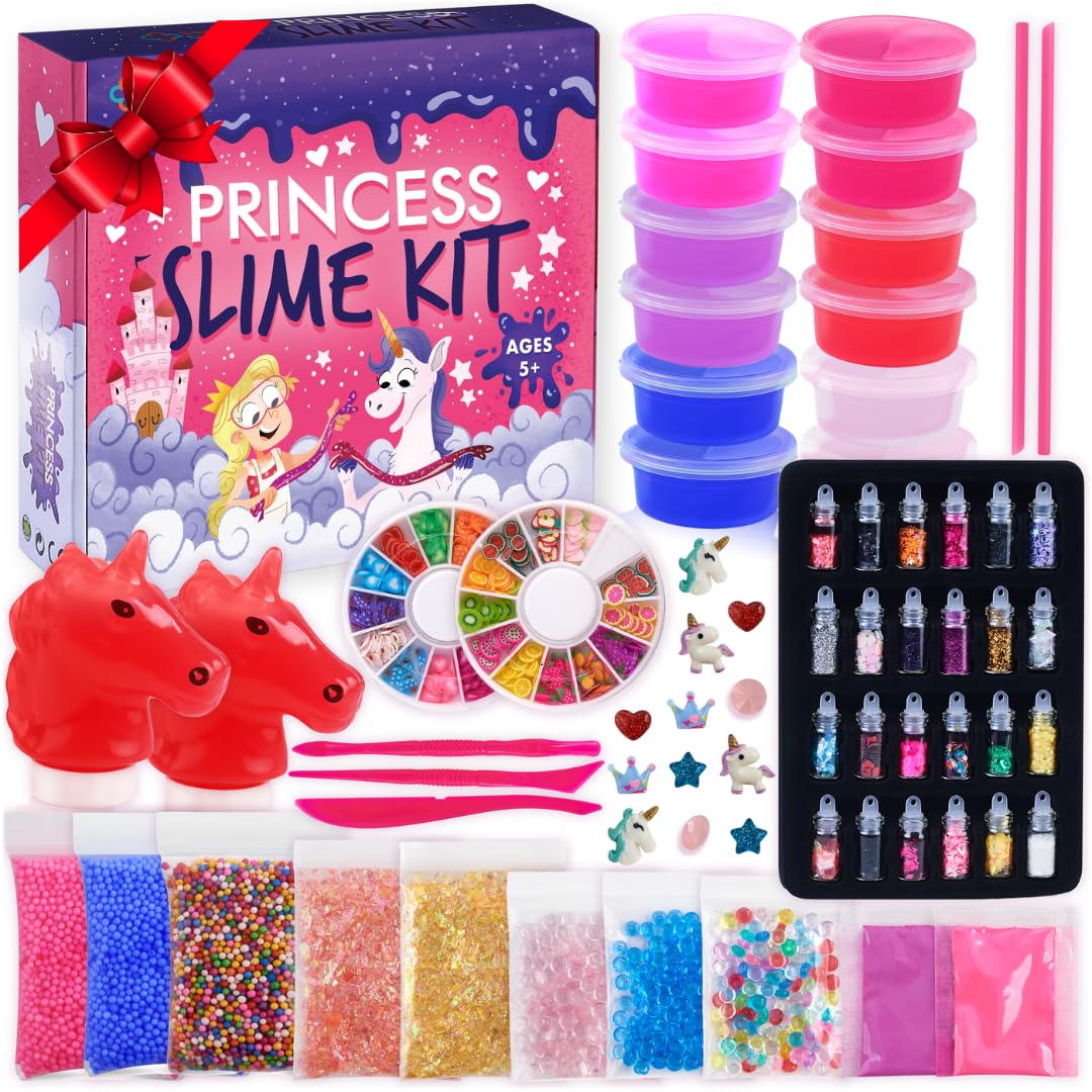 Photo 1 of Princess Slime Kit for Girls - Water Based Colorful Premade Slime, Glow in the Dark, Glitter Powder, Ultimate Diy Pink Crystal Unicorn Kit for Girls, Ideal Gift Idea for Christmas & Holiday Ages 5-12+