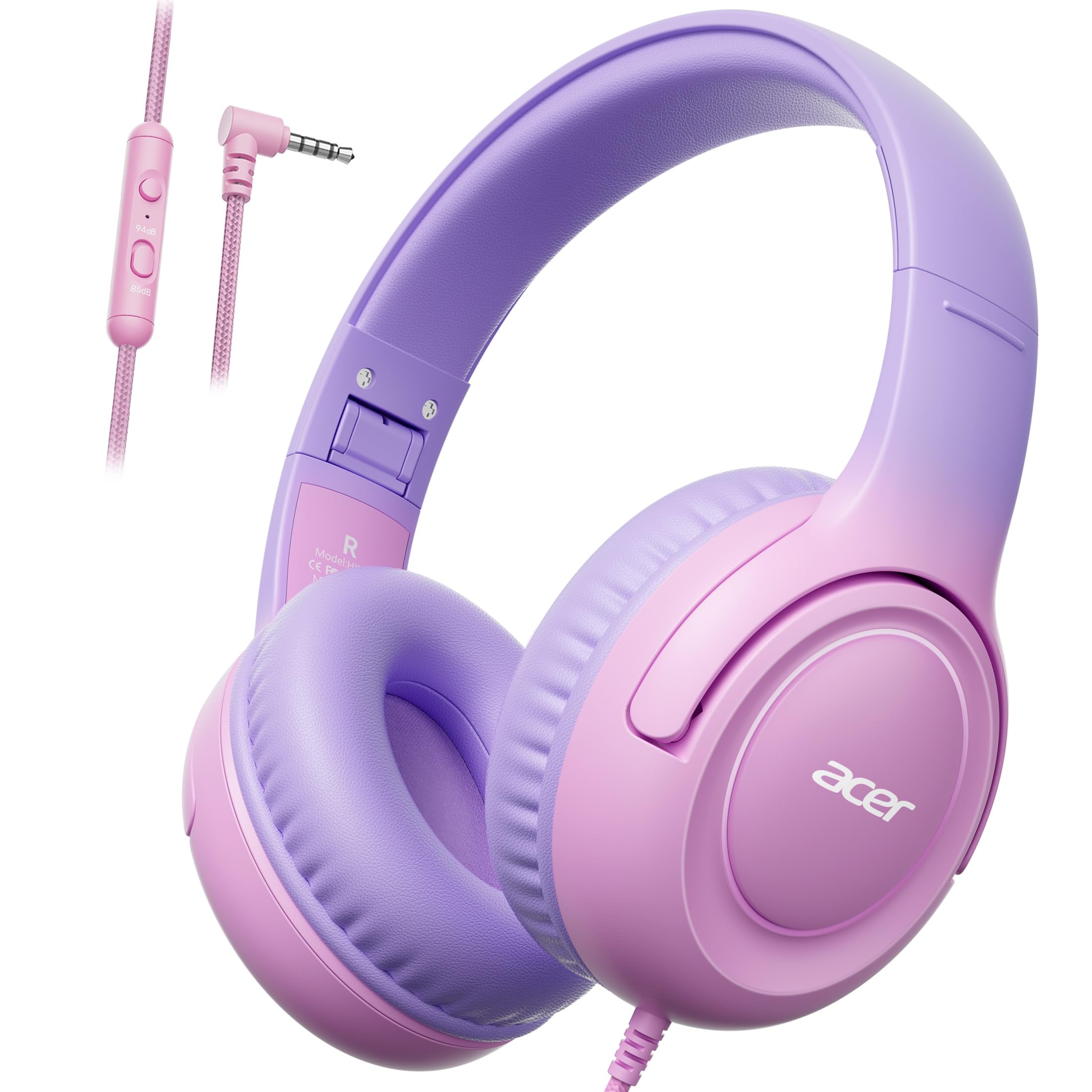 acer Kids Headphones - 85/94dB Volume Limiter, Foldable Wired Over Ear Headphones for Travel, 3.5mm Jack, Toddler Headphones for School, Travel, iPad, Tablet, Purple Pink Image