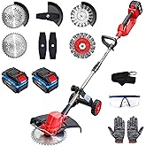 WILIBUT Electric Weed Wacker with Wheel, 3-in-1 Brushless Brush Cutter/String Trimmer/Grass Trimmer/Lawn Mower, 9" Cordless Weed Eater Battery Powered, 2 * 4000mAh Battery, 4 Blade and Charger