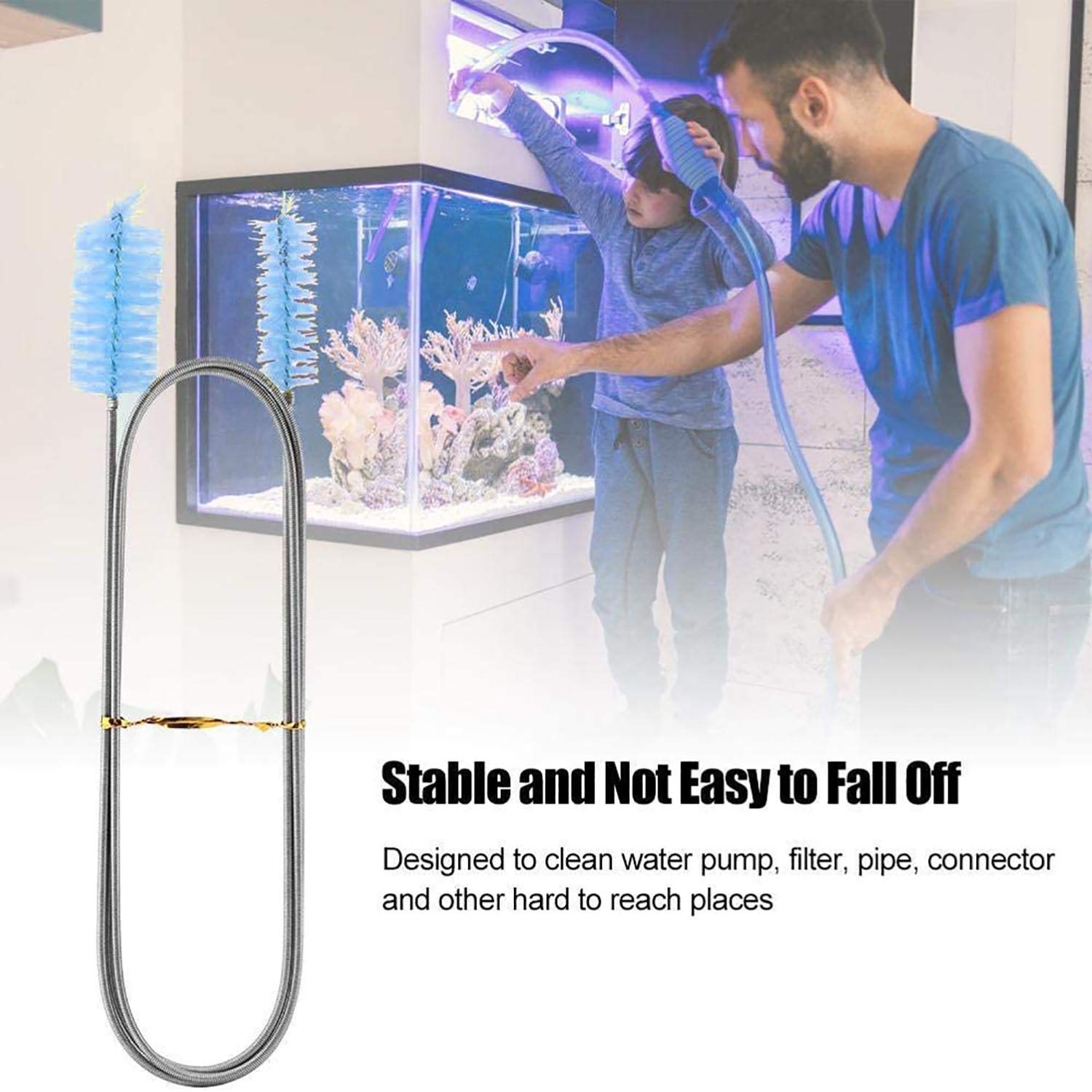 Flexible Drain Brush, Nylon Cleaner Double Ended Elastic Hose Pipe 67-inch and 2 PCS 8.2-inch Straw Cleaning Brush (Blue)