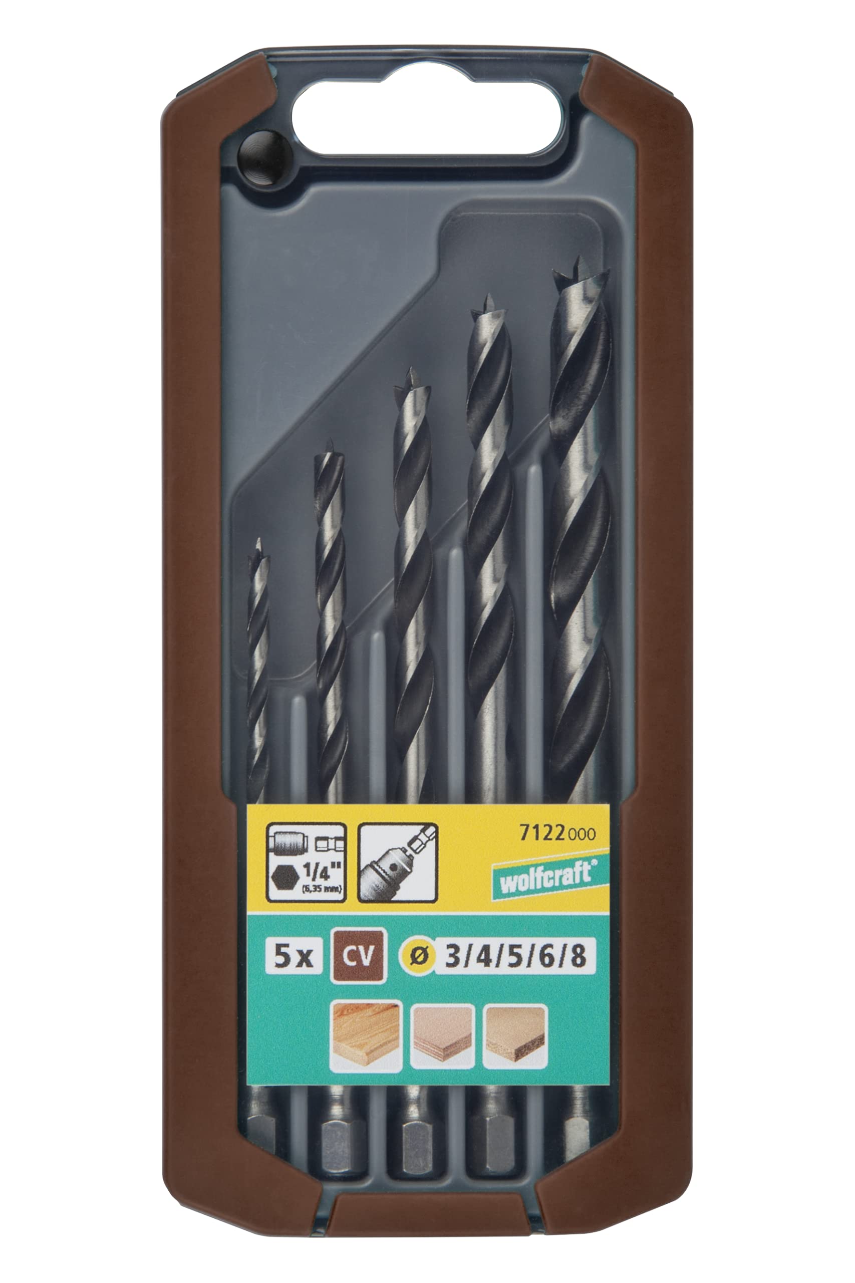 wolfcraft Wood Twist Drill Bit Set, Hexagon Shank, Ø 3–8 mm, 5 Pcs. I 7122000 I For drilling into softwood