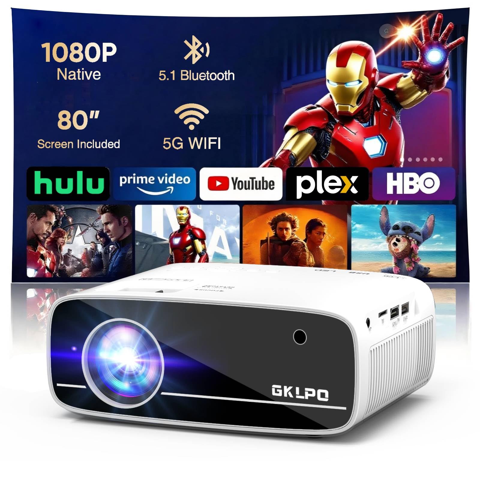 Photo 1 of ?Two-Way Bluetooth?1080P Mini Projector with Projector Screen, 50% Zoom, Portable Outdoor Movie Projector, Compatible with TV Stick, Video Games, HDMI, USB, Smartphone (4K Projector)