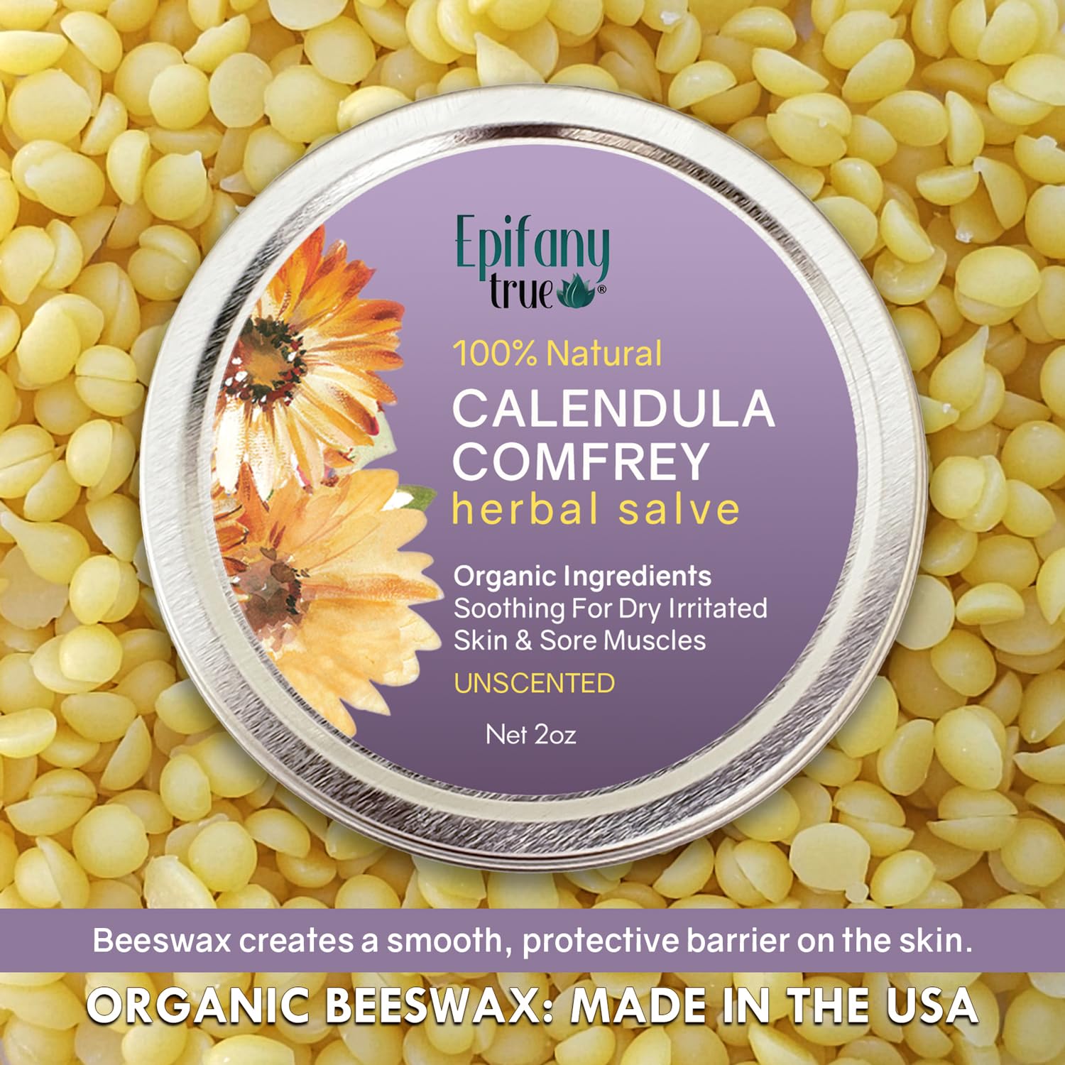 All-Purpose Calendula & Comfrey Herbal Salve 2oz, Fragrance Free, Natural Herbal Ointment, Dry Skin Soothing Balm, Itch Relief, Organic Ingredients