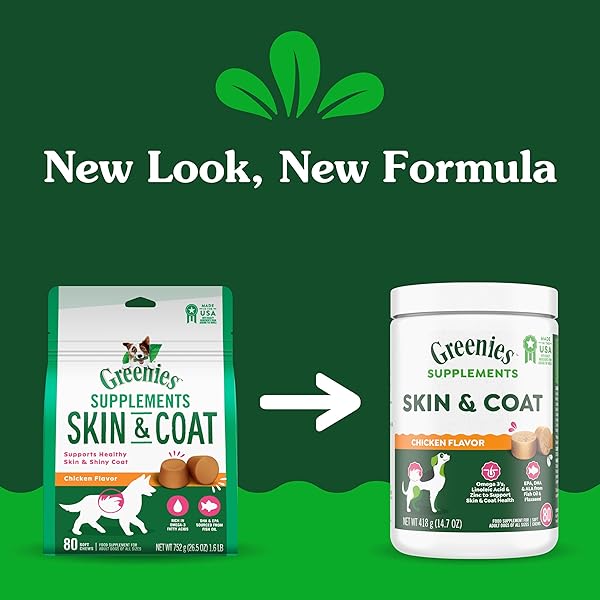 GREENIES SUPPLEMENTS DOG SKIN AND COAT SUPPLEMENTS WITH OMEGA 3 FATTY ACIDS & FISH OIL FOR DOGS, CHICKEN FLAVOR, 14.7 OZ, 80 COUNT