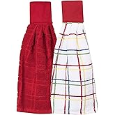 Ritz Premium 100% Cotton Solid and Multi Check Kitchen Tie Towel, Absorbent, Super Soft, and Fast Drying Hang Towel, Set of Two, Paprika Red, Solid & Checked - 2 Piece