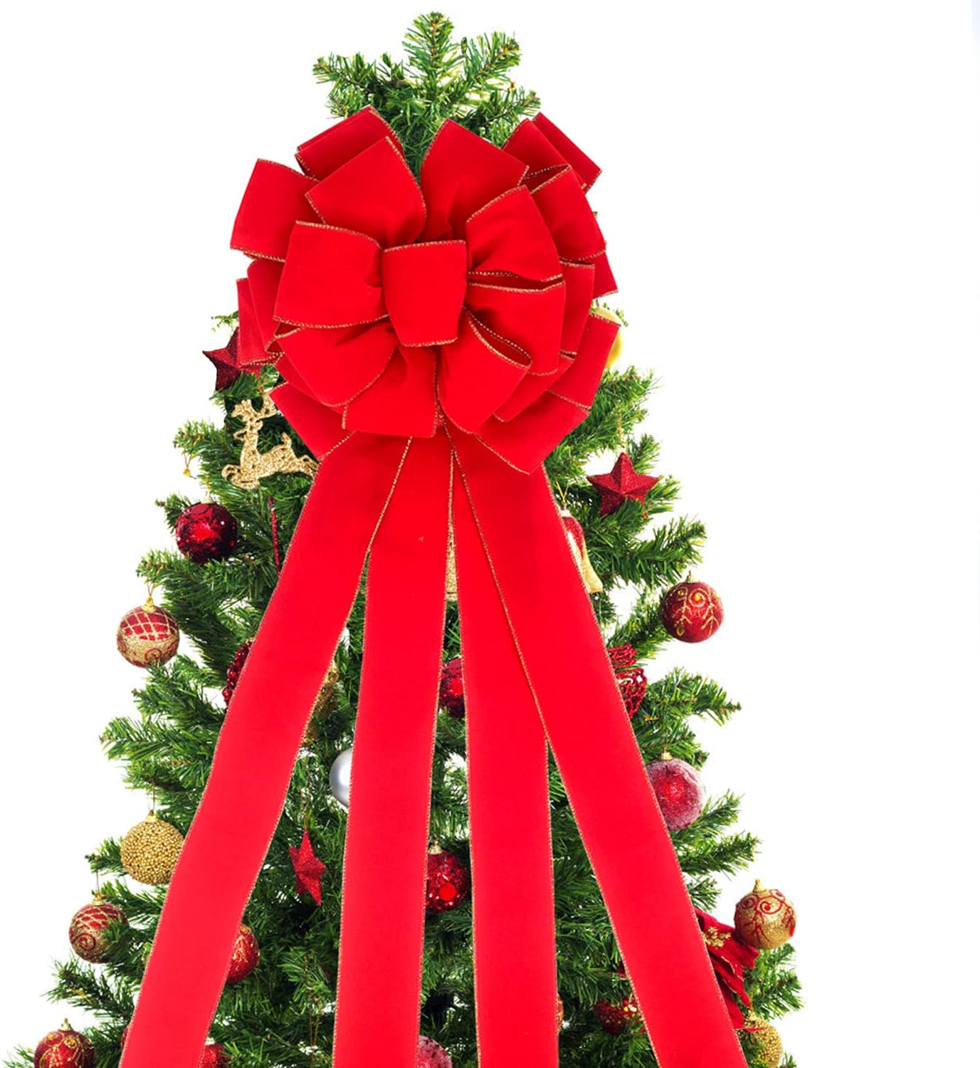 Bows & Ribbons - Christmas Large Bows with Gift Box, Christmas Tree Topper, 45x12 Inches Gold Wired Red Velvet Bows for Wreath Floral, Outside Bowknot for Wedding Birthday New Year Car Garden Door