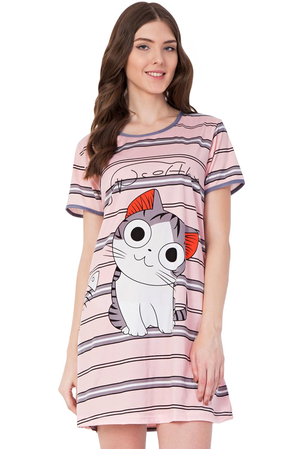 fflirtygo long top nightwear for women, multi-coloured nightwear with kitten print, nightwear tshirt for women